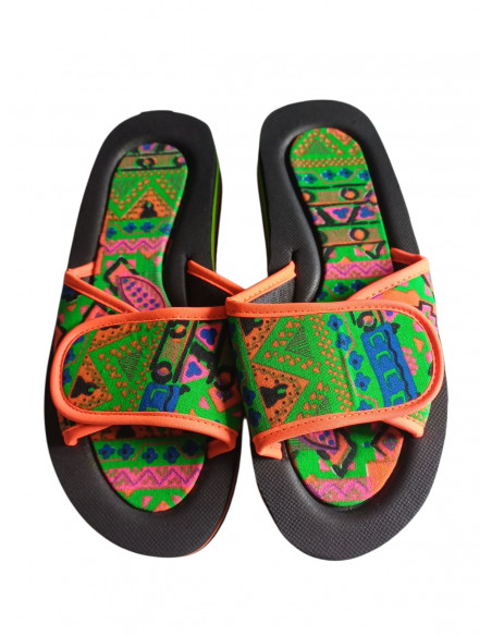 Slapi femei, din spuma si material textil, cu scai, imprimeu colorat, verde si portocaliu