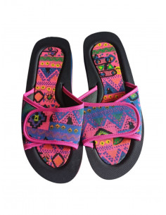Slapi femei, din spuma si material textil, cu scai, imprimeu colorat, roz 2