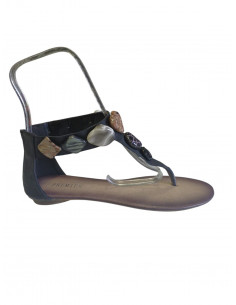 Sandale dama, din piele ecologica, negre, cu pietre decorative